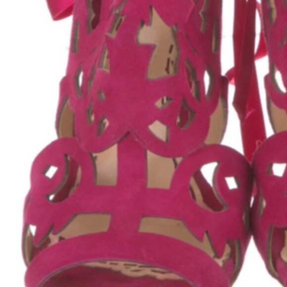 💕 Marchesa “Jessica” Hot Pink Suede Laser-Cut Gladiator Heels Ribbon Lace-Up  8 - Picture 7 of 7
